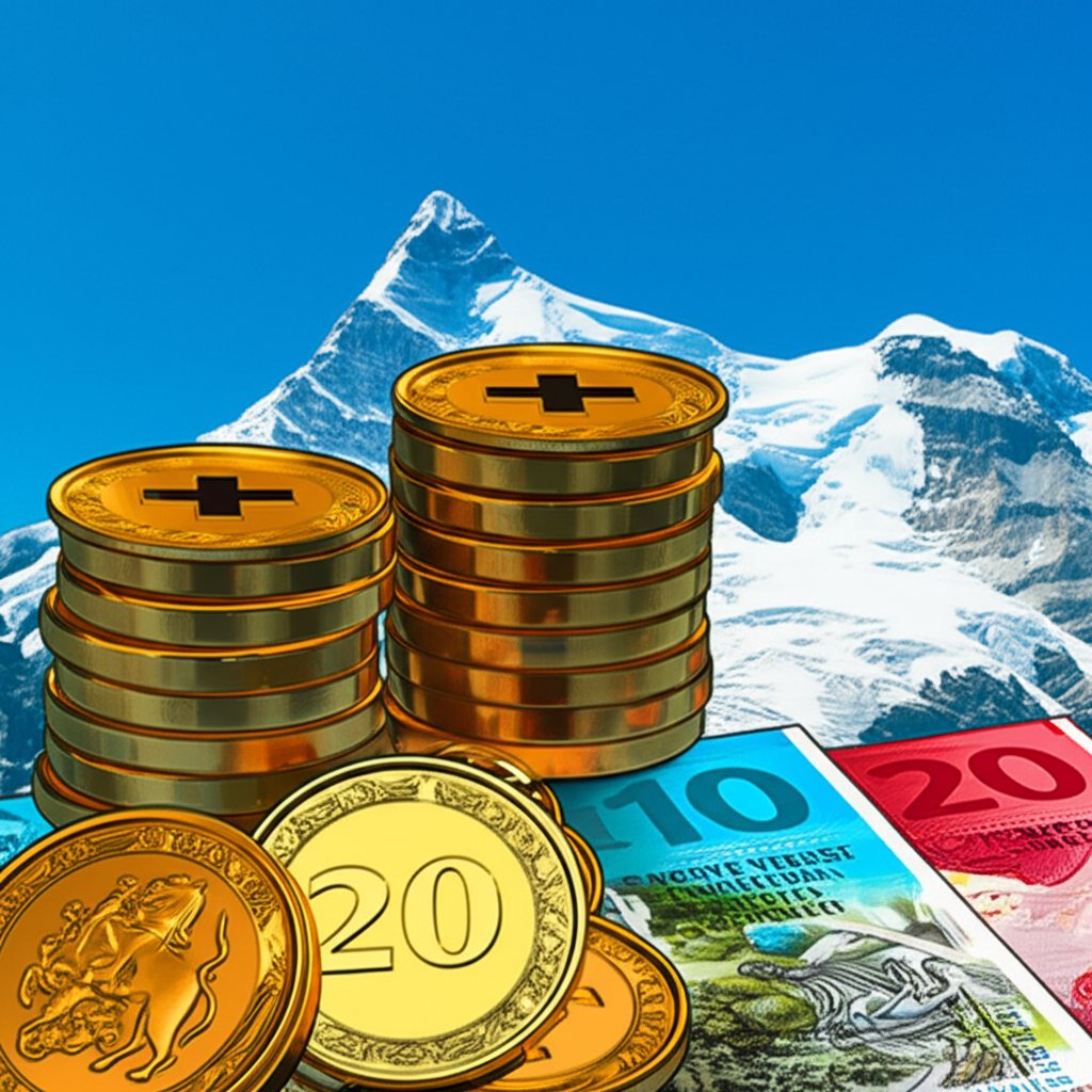 ภาพประกอบเหรียญและธนบัตรฟรังก์สวิสพร้อมฉากหลังเทือกเขาแอลป์สวิสที่แสดงถึงสถานะสกุลเงินอย่างเป็นทางการ