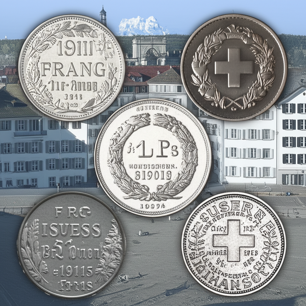 ภาพประกอบเหรียญฟรังก์สวิสโบราณพร้อมอาคารเก่าแก่ที่แสดงถึงความมั่นคงทางการเงินในอดีต