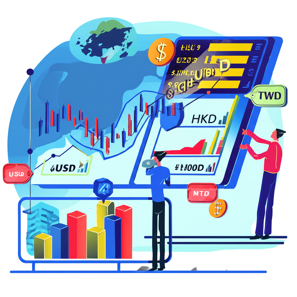 台灣投資者觀看全球股市圖表，顯示美元、港幣與台幣符號，強調國際投資的貨幣轉換需求