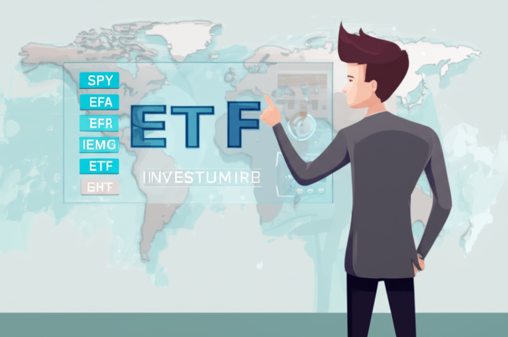 Thai investor exploring global investment opportunities with ETF symbols on a digital screen a world map in the background illustration style
