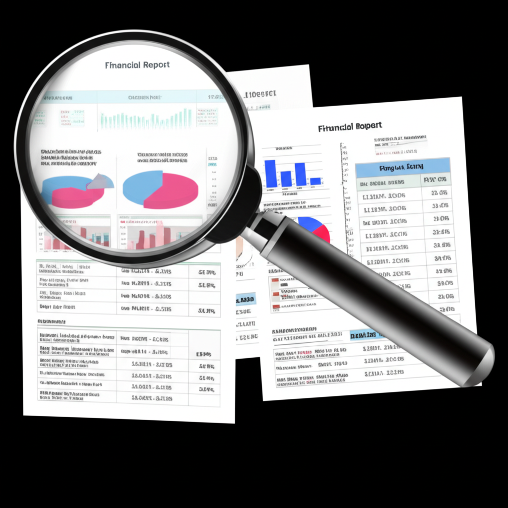 Financial report with charts showing Taiwan Hong Kong stock rankings and PE PB ratios under magnifying glass