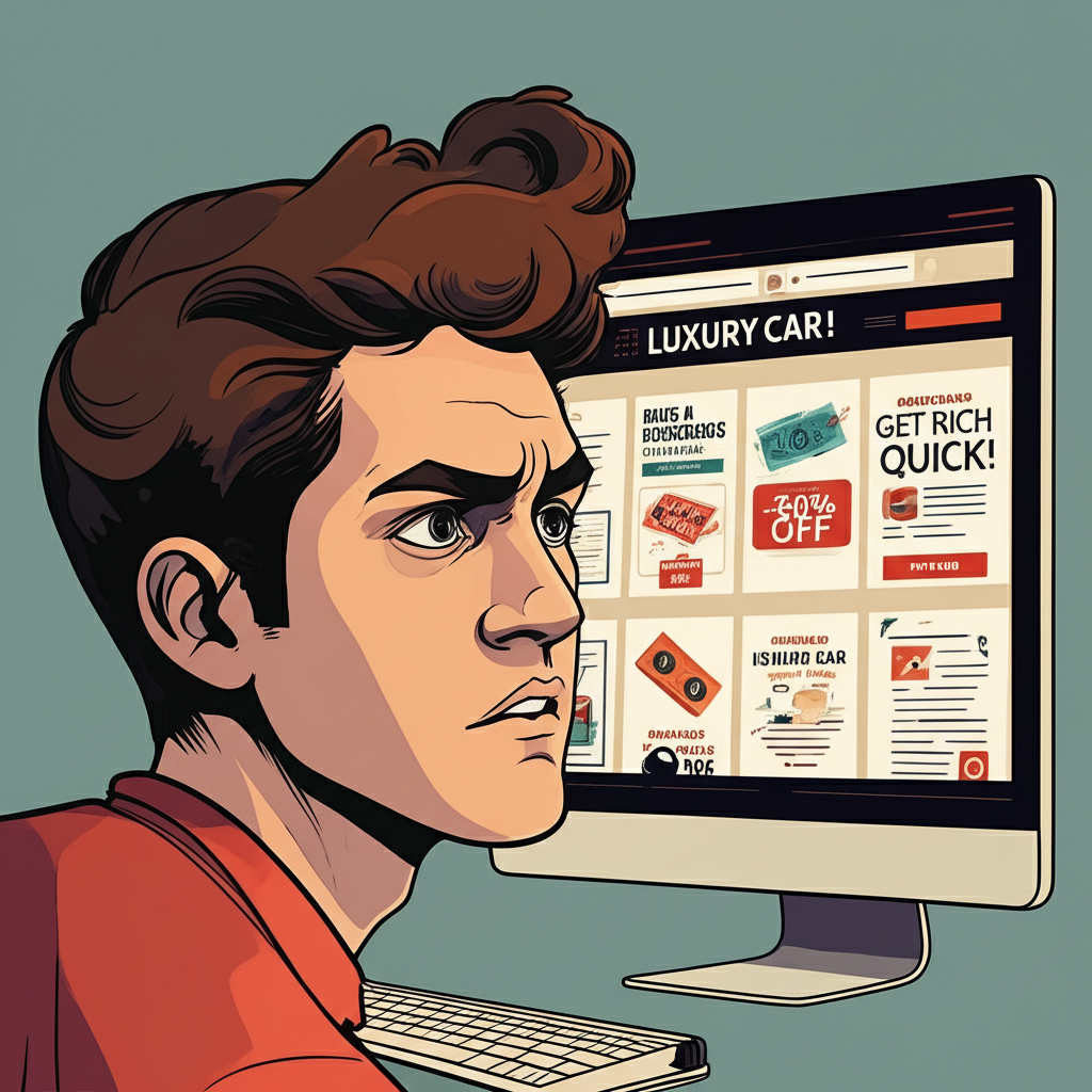ภาพประกอบบุคคลสับสนกับเว็บไซต์ออกแบบไม่ดีที่มีข้อเสนอดีเกินจริง