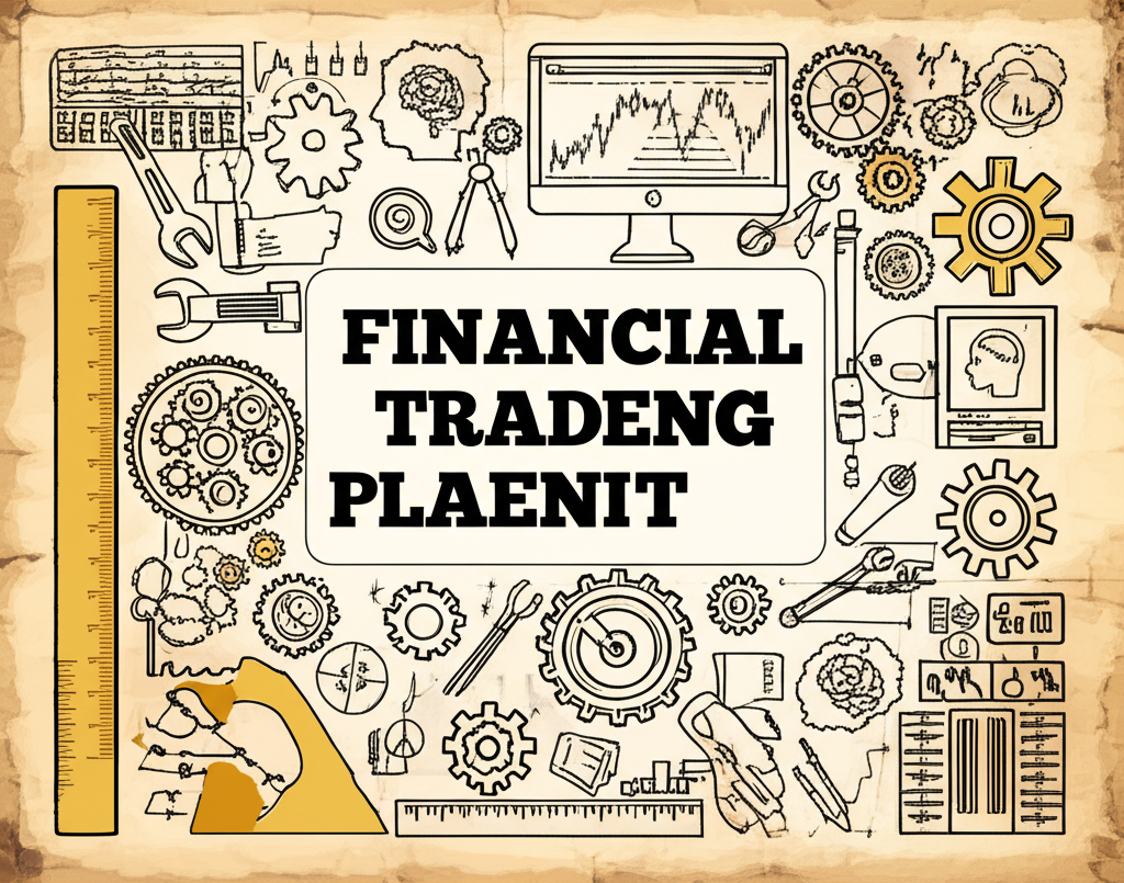 詳細的金融藍圖,包含止損止盈策略、平台操作工具與心理洞察的齒輪,代表交易成功的全面藍圖