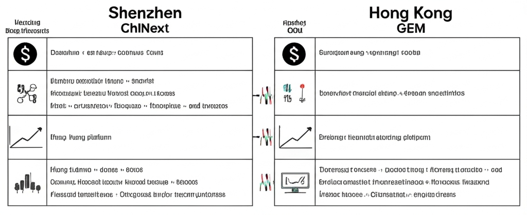 深圳創業板與香港GEM兩個金融市場平台的比較圖示，分別標示差異與對比符號