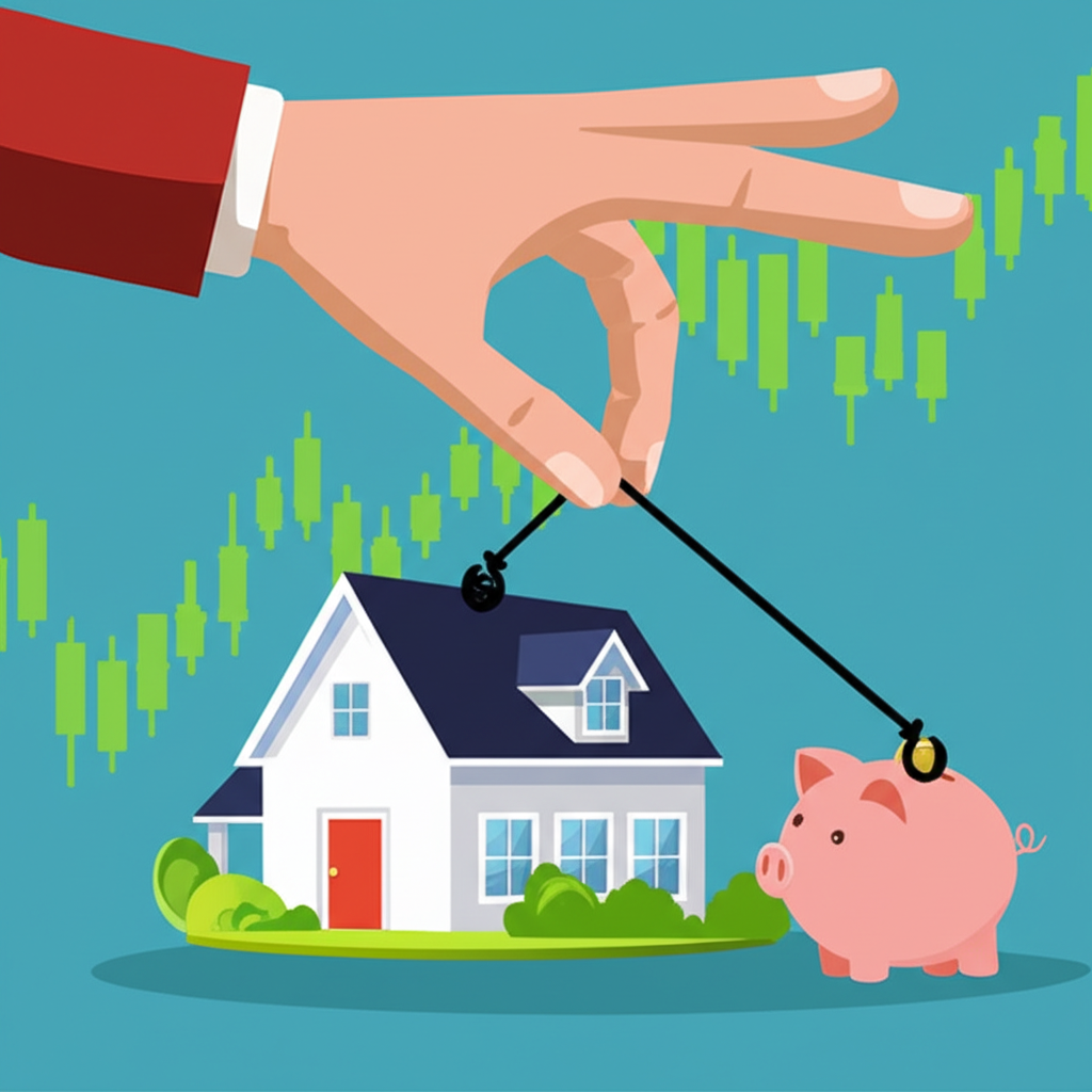 重貼現率影響日常經濟的無形之手插圖,顯示調整金融槓桿影響房屋、股票圖表和存錢罐,象徵央行政策對初學者的啟發