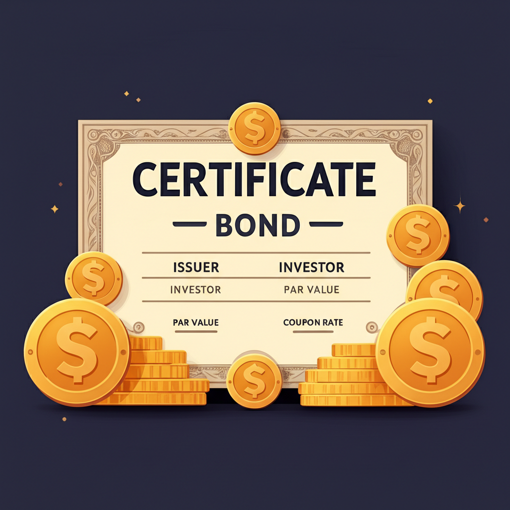 ภาพประกอบพันธบัตรสไตล์พิเศษที่แสดงคำศัพท์สำคัญอย่างผู้发행 ผู้ลงทุน มูลค่าที่ตราไว้ และอัตราดอกเบี้ย พร้อมเหรียญรอบๆ