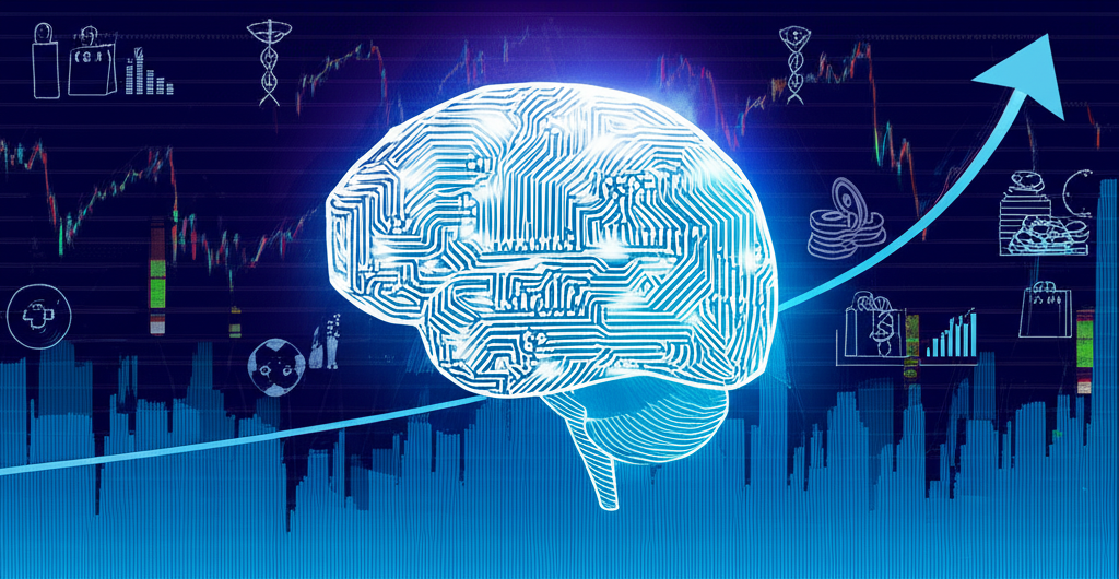 人工智慧轉變產業的圖像,顯示發光大腦影響醫療、金融和零售領域,伴隨著上升的股票圖表