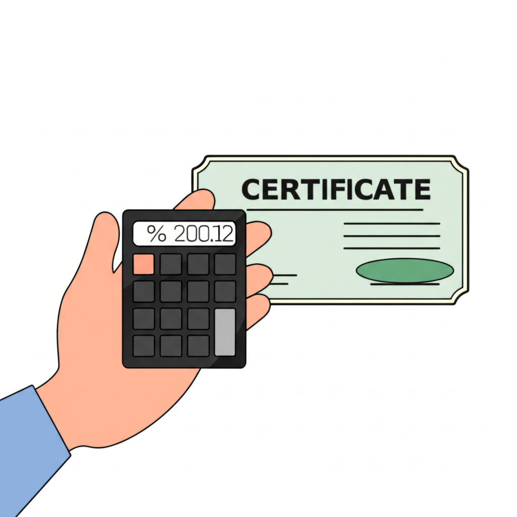 一隻手握著計算機顯示百分比結果，旁邊是單張股票憑證，象徵扣除成本後的單次交易獲利