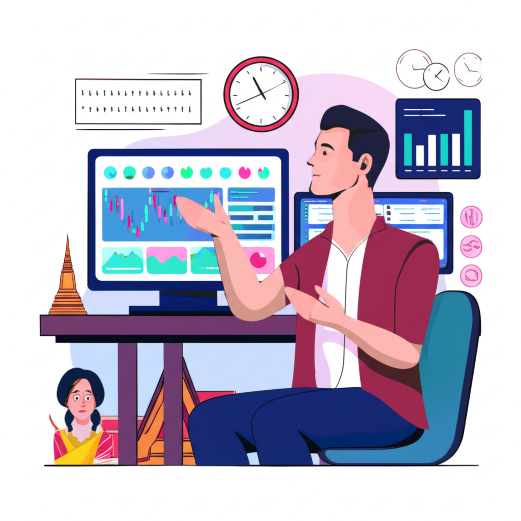 ภาพประกอบของเทรดเดอร์ไทยกำลังวิเคราะห์กราฟพร้อมข่าวสารและนาฬิกาในพื้นหลัง