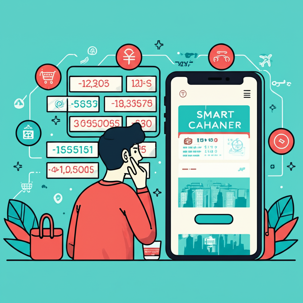 Illustration of a person looking puzzled at a complex currency exchange board with various numbers and symbols surrounded by global travel and shopping icons a smart currency converter interface in the foreground vibrant colors