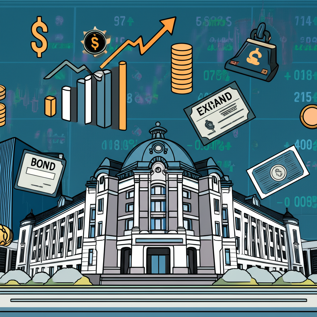 各種金融產品如股票、ETF與債券的圖示匯入東京證券交易所建築，象徵資本配置與經濟成長的插圖