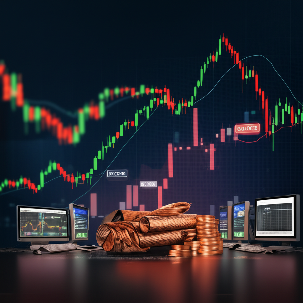 全球股市圖表顯示銅價波動,抽象呈現LME、COMEX與SHFE交易現場的即時動態