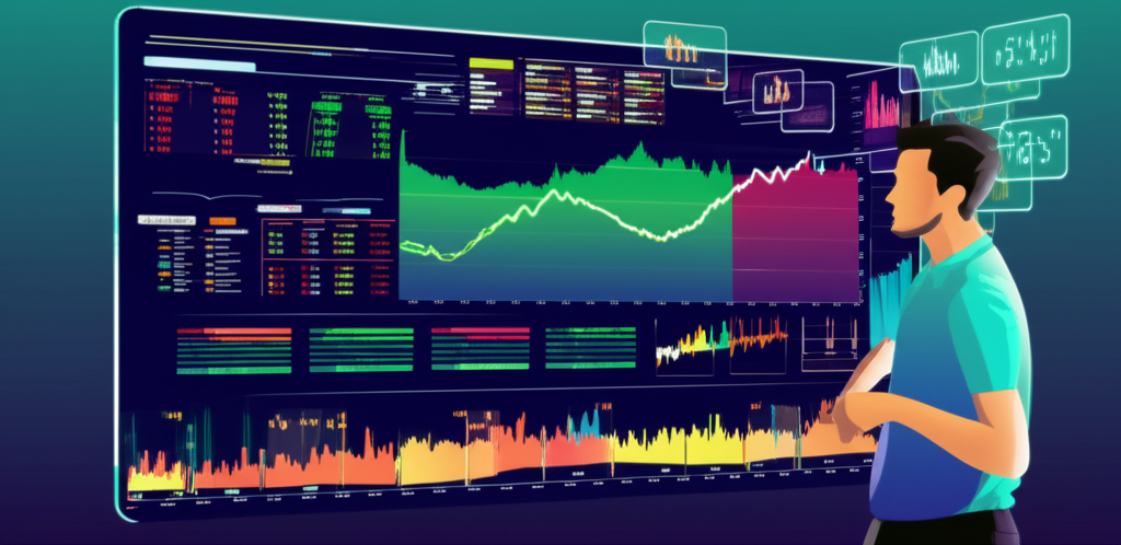 一位交易者自信地分析金融圖表，使用 TradingView 平台周圍環繞市場數據和技術指標