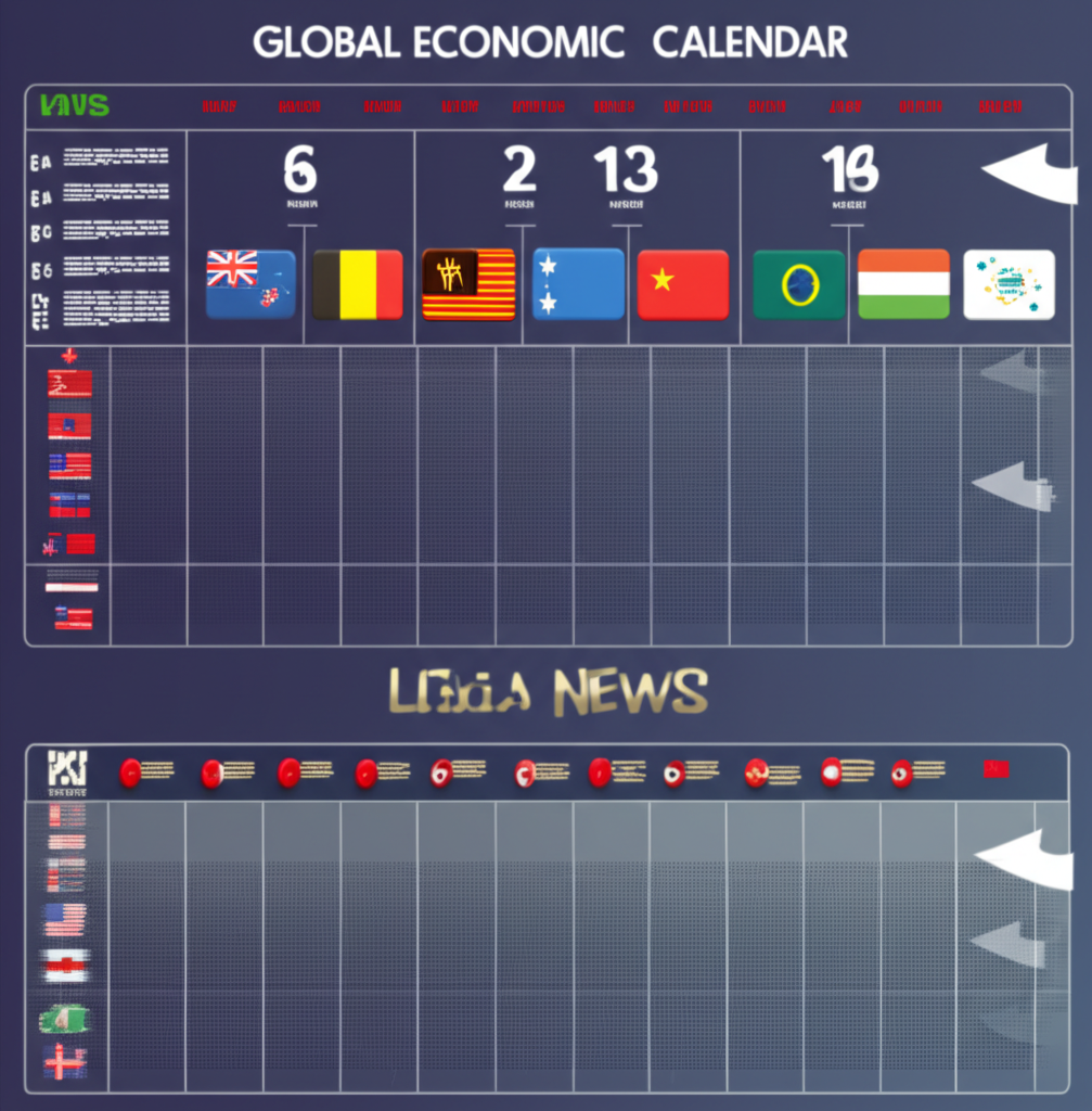 ภาพประกอบของปฏิทินเศรษฐกิจโลกแสดงธงชาติและพาดหัวข่าวต่างๆ