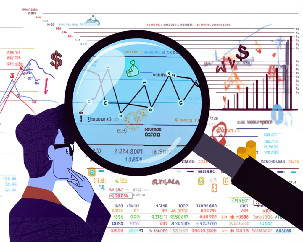 投資人凝視複雜股票圖表，周圍環繞貨幣符號與隱藏成本圖示，如手續費和稅務，放大鏡強調獲利計算的精準需求