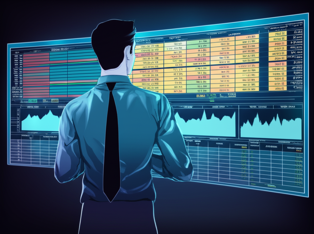 ภาพประกอบของเทรดเดอร์ที่กำลังมองตาราง Forex ที่ส่องแสงด้วยความมั่นใจ แสดงปฏิทินเศรษฐกิจและเวลาการเทรด