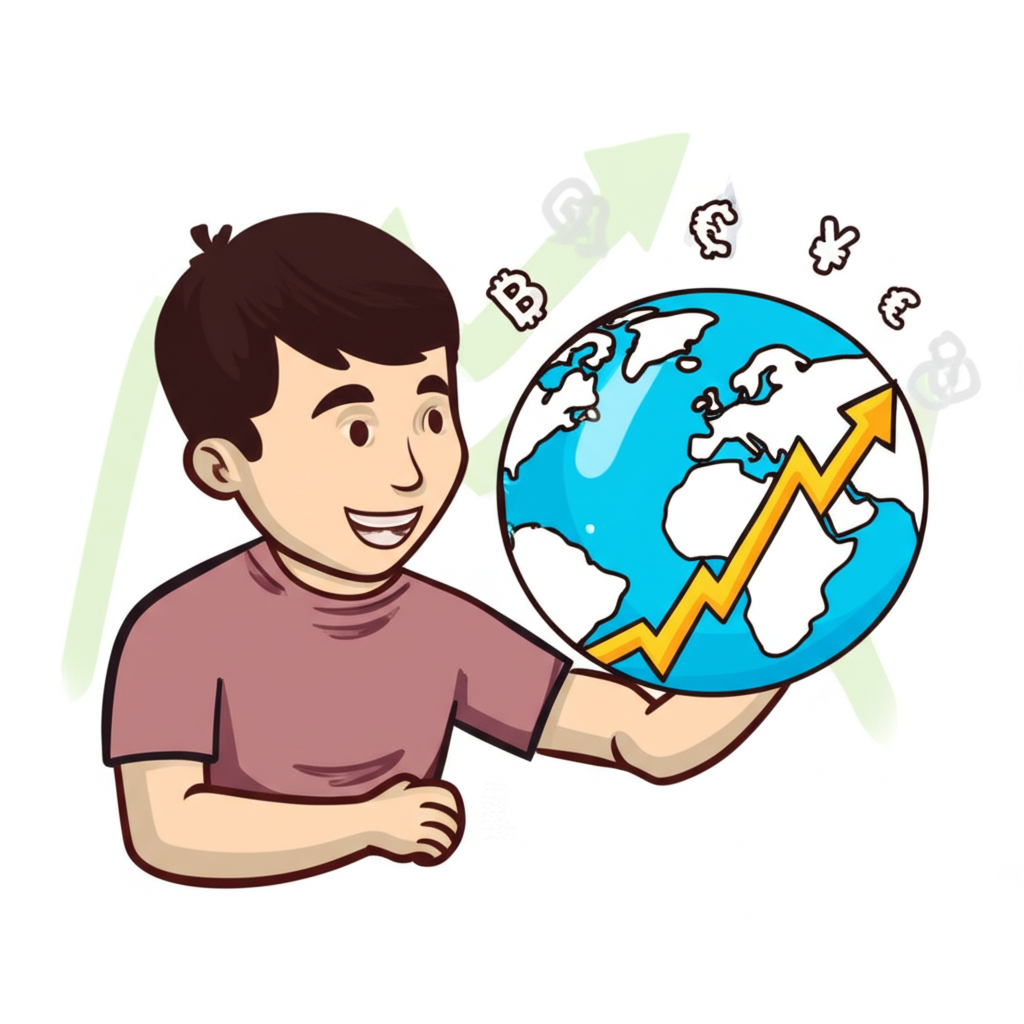 ภาพประกอบคนไทยมองโลกพร้อมสัญลักษณ์สกุลเงินและกราฟเติบโต สื่อถึงอิสรภาพทางการเงิน