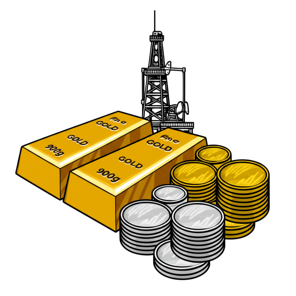ภาพประกอบแท่นขุดเจาะน้ำมันเคียงข้างแท่งทองคำและเหรียญเงิน สื่อถึงกลุ่มพลังงานและโลหะมีค่า