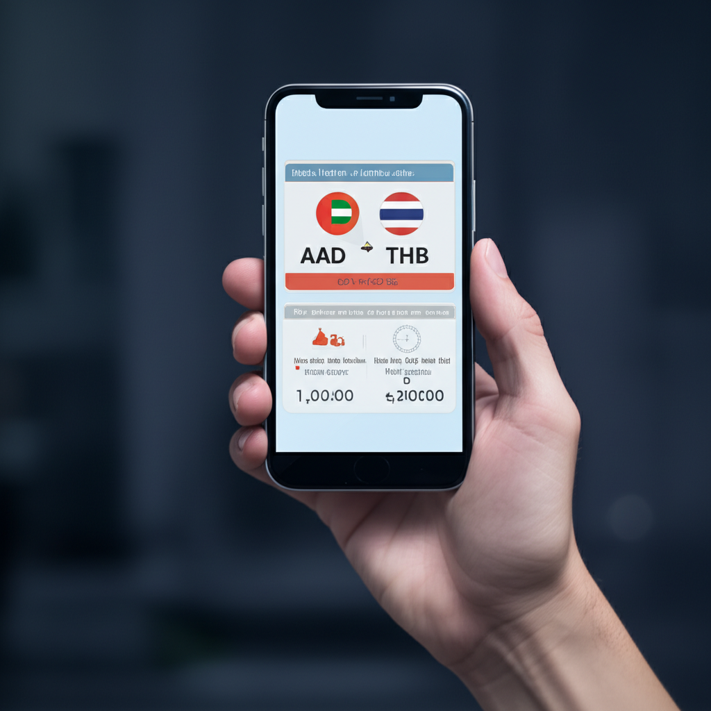 ภาพประกอบคนใช้สมาร์ทโฟนเช็คอัตราแลกเปลี่ยน AED เป็น THB แบบสดๆ พร้อมสัญลักษณ์เงินตรา