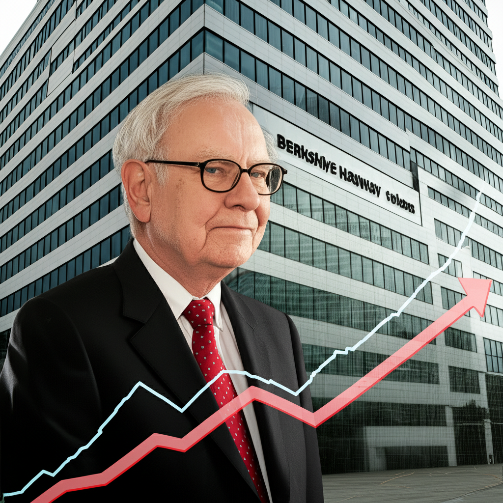 波克夏海瑟威總部前堅韌投資者象徵巴菲特的現金堡壘策略與財務圖表