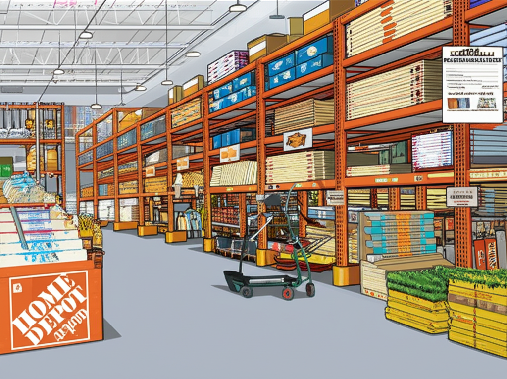 ภาพประกอบภายในร้าน Home Depot ที่คึกคัก แสดงสินค้าต่างๆ เช่น เครื่องมือ วัสดุก่อสร้าง และอุปกรณ์สวน