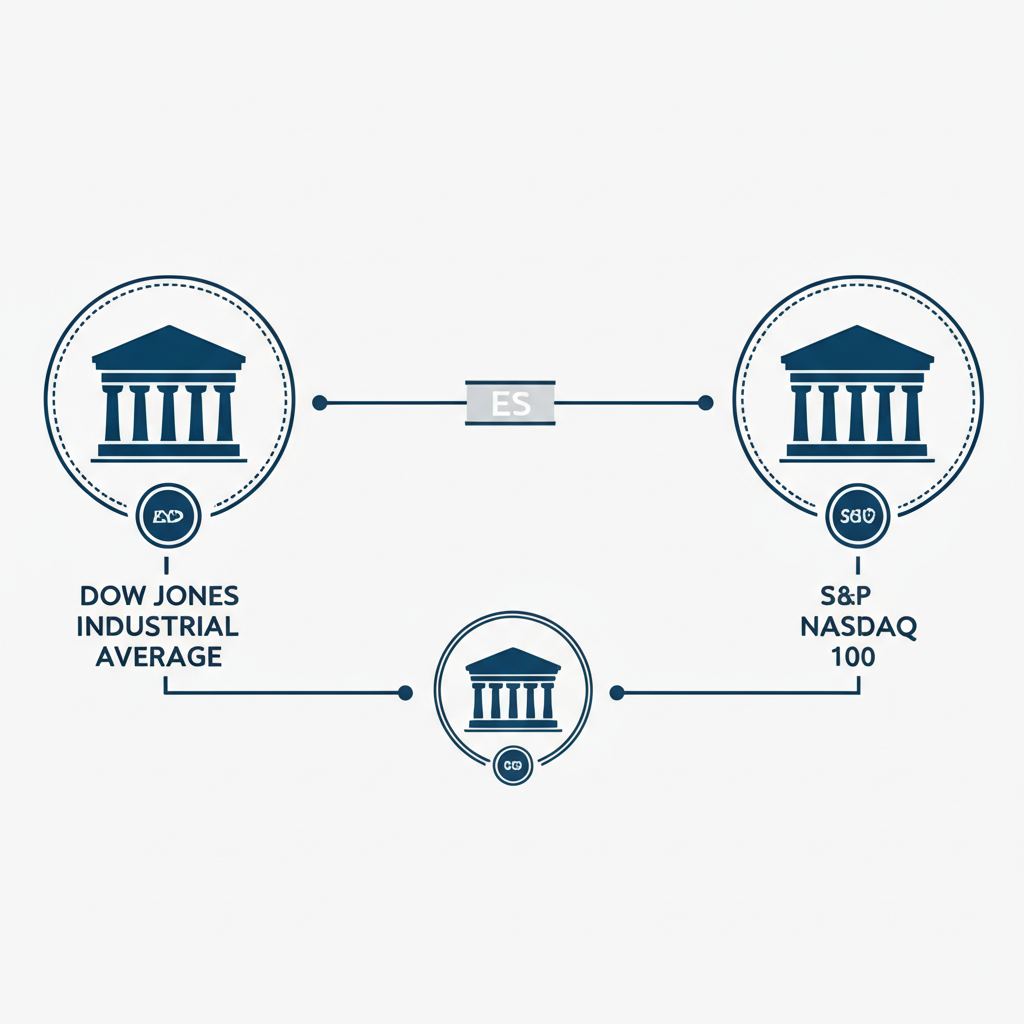 道瓊、標普500與那斯達克100三大指數圖示連結至美股Mini期貨合約,展示槓桿與雙向交易概念