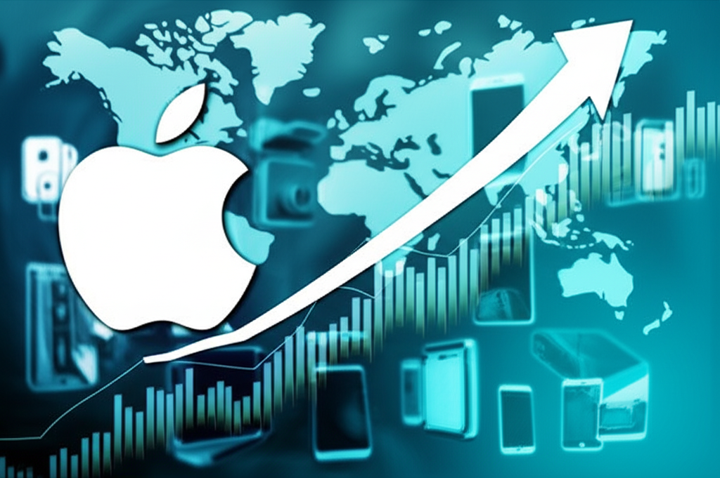 蘋果公司股價走勢圖，背景融入全球影響力與iPhone等科技產品，展現成長與創新