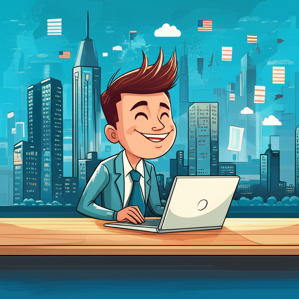 小資族投資者使用筆電快樂交易美股Mini期貨的插圖,背景為全球金融城市景觀