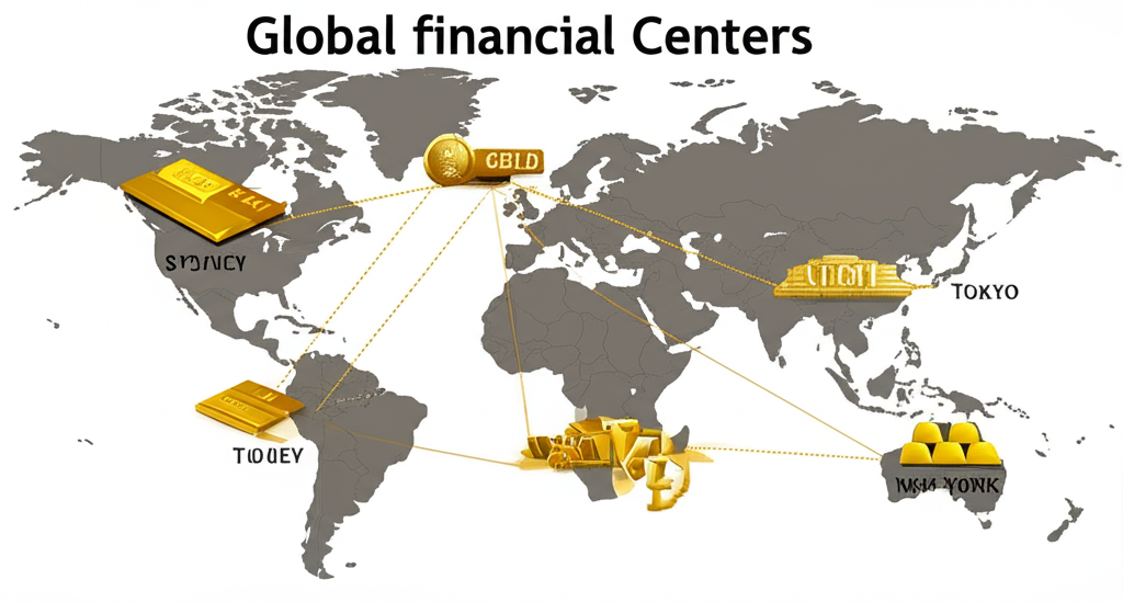ภาพประกอบศูนย์กลางการเงินโลกอย่างซิดนีย์ โตเกียว ลอนดอน และนิวยอร์กที่เปิดทำการ 24 ชั่วโมงสำหรับการเทรดทองคำใน Forex