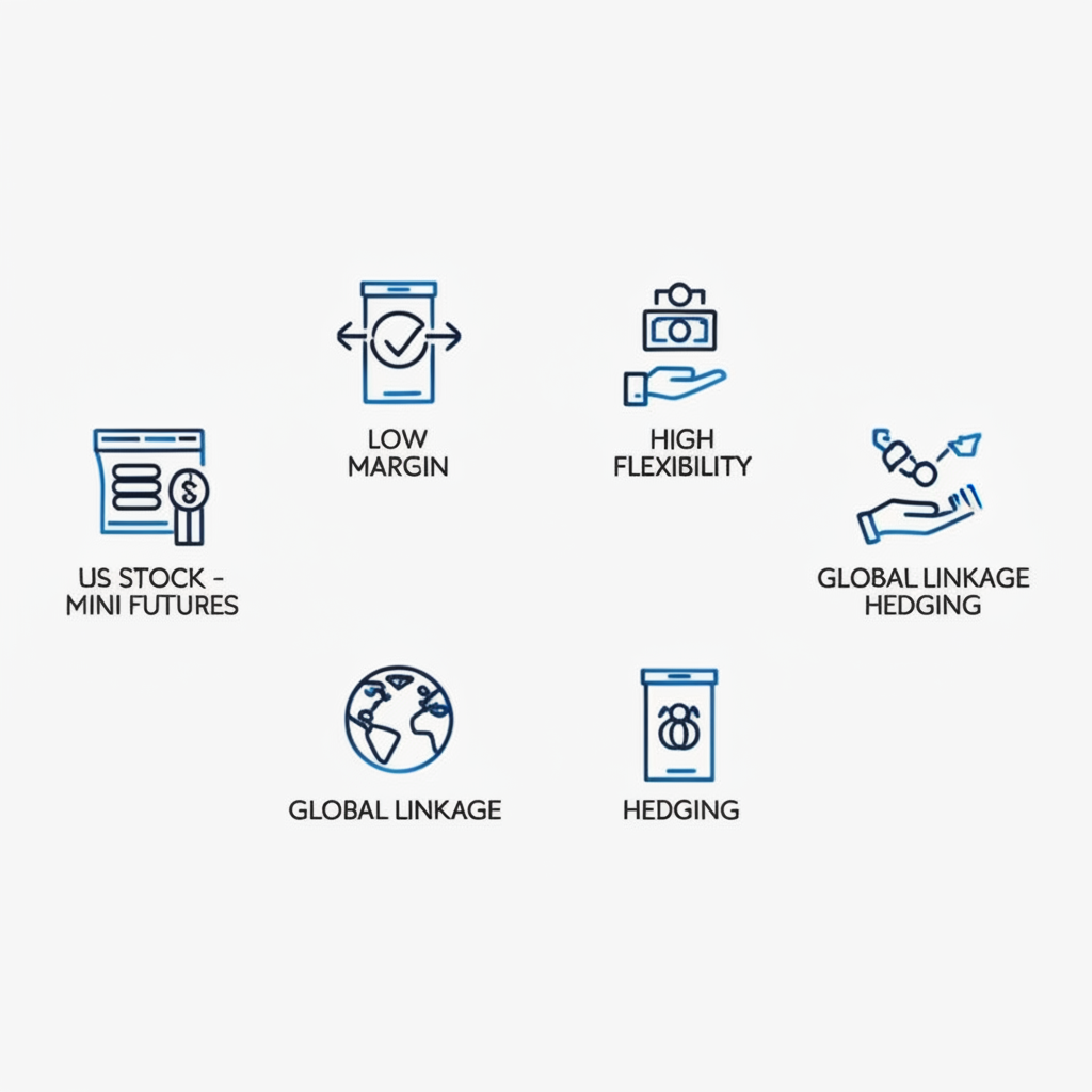 美股Mini期貨五大優勢簡易資訊圖:低保證金、高彈性、槓桿、全球連動與避險功能視覺圖示