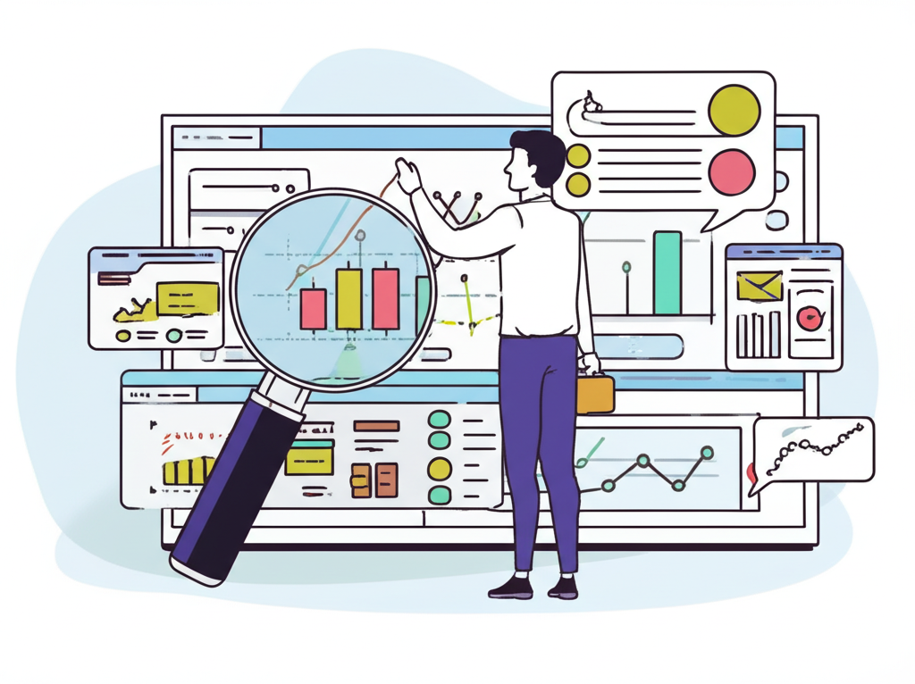 投資者使用放大鏡分析K線與成交量圖,尋找黃金買點的策略規劃插圖