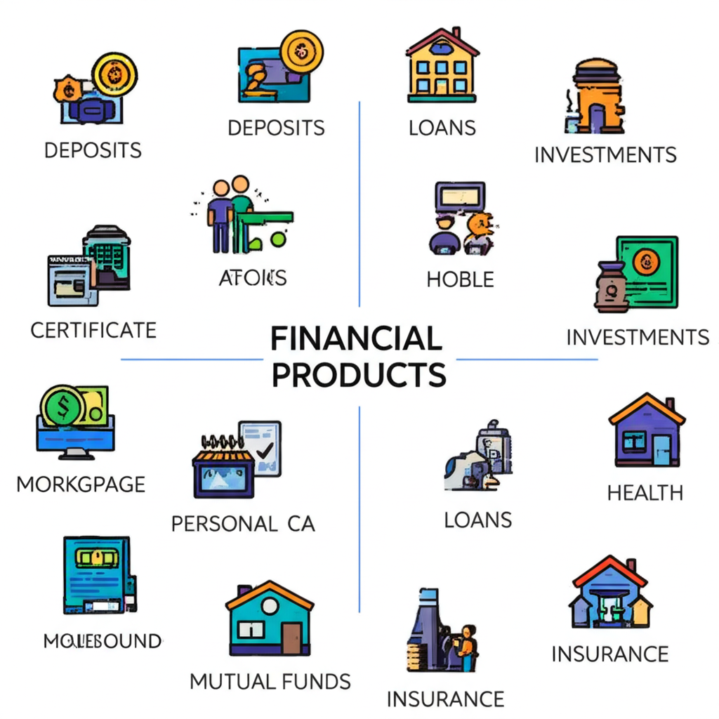 ภาพประกอบประเภทผลิตภัณฑ์ทางการเงิน เช่น เงินฝาก สินเชื่อ การลงทุน และประกันภัย