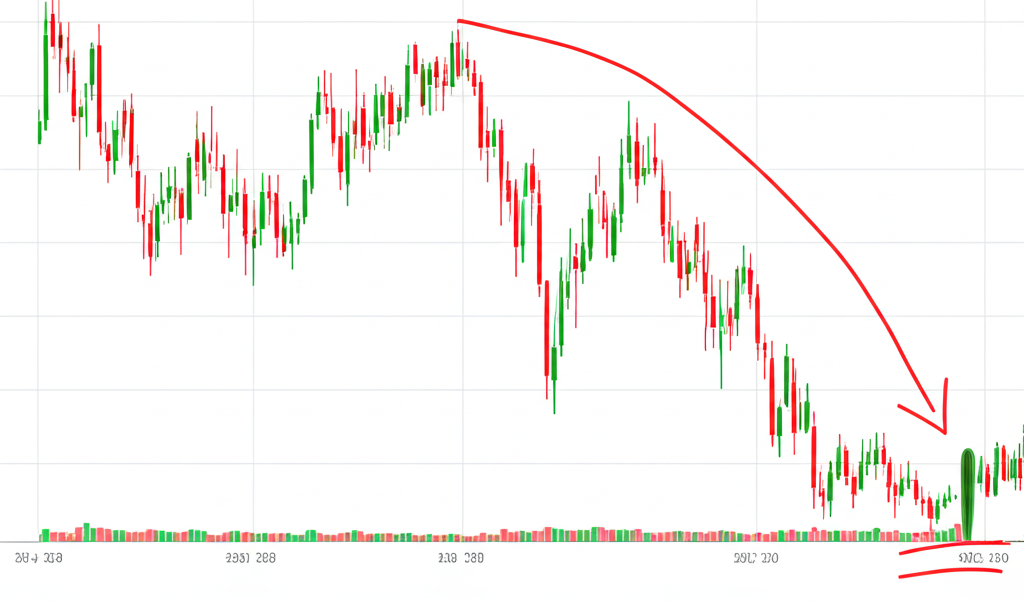 股價長跌後底部成交量激增示意圖,象徵底部出量釋放
