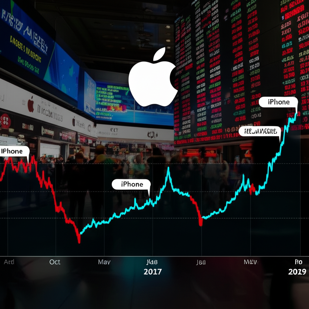 蘋果股價十年趨勢圖，標註iPhone發布與服務成長等關鍵里程碑，伴隨熱鬧市場場景