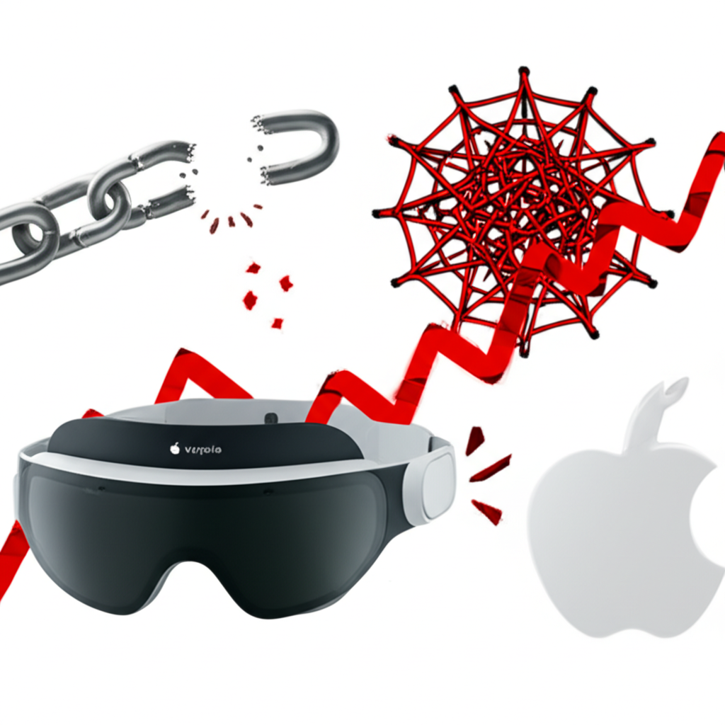 重大事件影響蘋果股價的插圖，象徵供應鏈斷裂、新產品如Vision Pro發布及監管挑戰