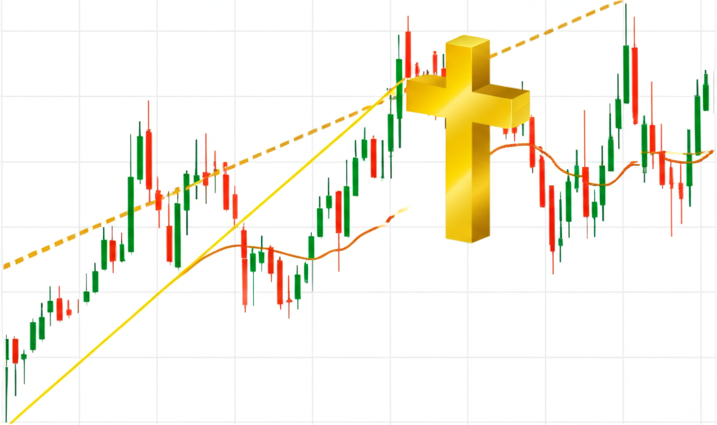 股票圖表上黃金交叉的插圖，短期移動平均線向上穿越長期線，伴隨上漲價格柱和放大成交量，顯示強烈買入訊號