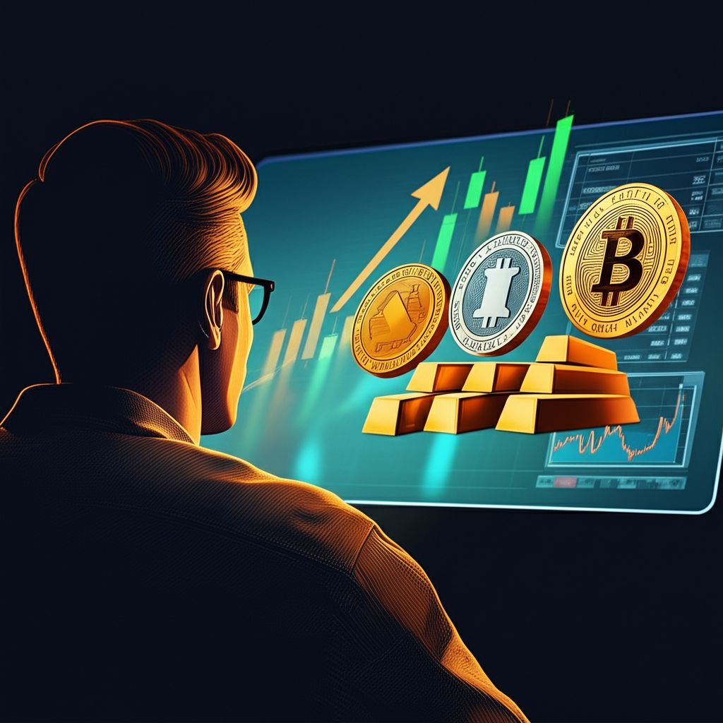 นักลงทุนกำลังดูหน้าจอดิจิทัลที่แสดงกราฟหุ้น กองทองคำ และเหรียญคริปโต แสดงแนวคิดการทำธุรกรรมทันที