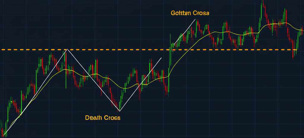 兩條不同移動平均線在股票圖表上交叉的插圖，象徵金叉與死叉等趨勢反轉訊號，在動態金融市場環境中