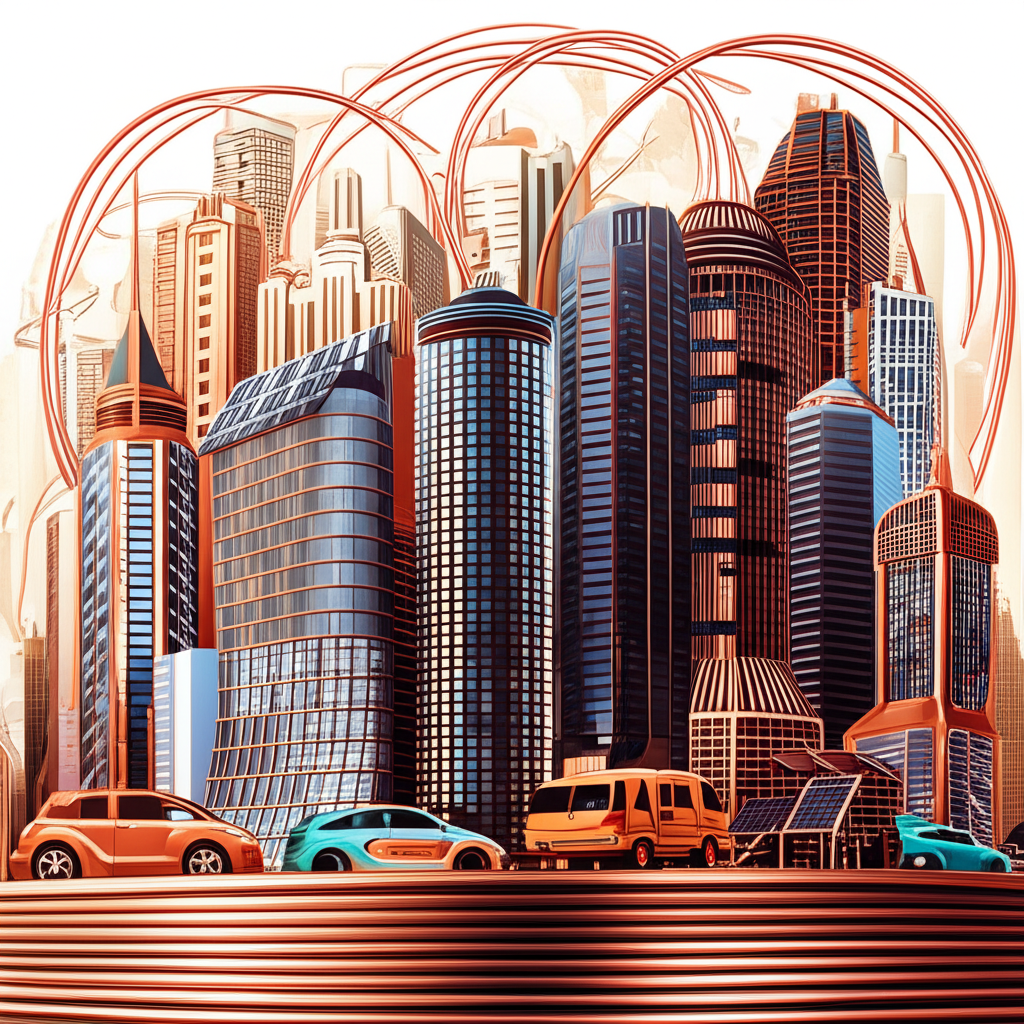 全球城市中銅線連接建築、電動車與太陽能板,象徵銅的廣泛應用與經濟指標角色