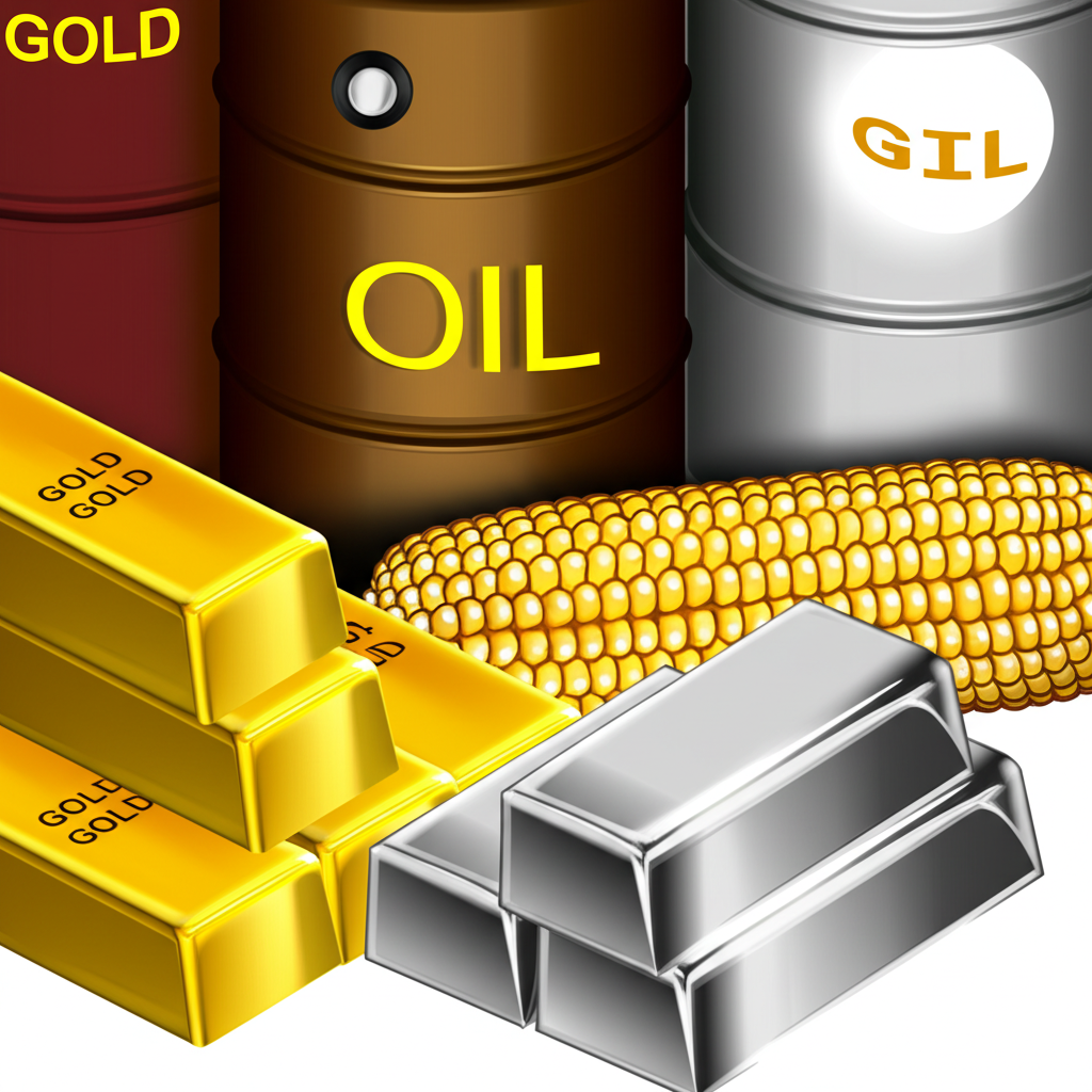 ภาพประกอบสินค้าโภคภัณฑ์หลากหลาย เช่น น้ำมัน ทองคำ ข้าวโพด และโลหะที่แสดงถึงฐานรากเศรษฐกิจโลก