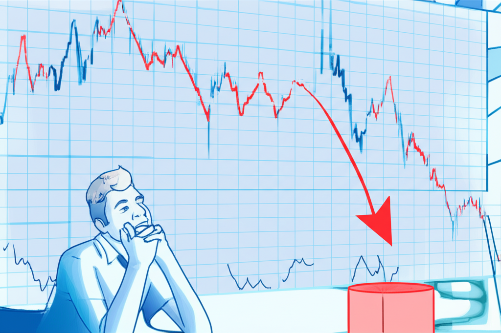 底部出量股票圖表插圖,顯示股價急跌後底部巨量與反轉箭頭,投資者專注觀察