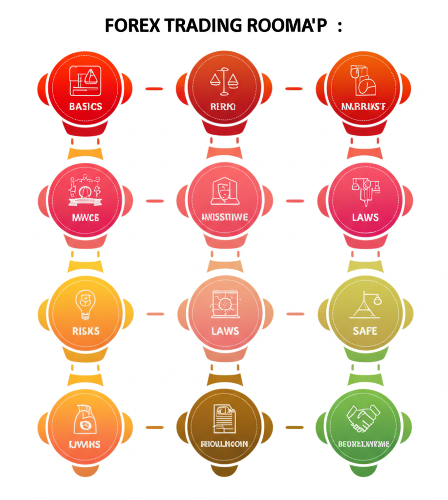 ภาพประกอบแผนที่นำทางละเอียดสำหรับการเทรด Forex พร้อมไอคอนพื้นฐาน ความเสี่ยง กฎหมาย และการลงทุนปลอดภัย