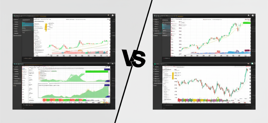 兩個螢幕對比：左側雜亂有廣告的基本圖表，右側乾淨進階的多圖佈局與多個指標
