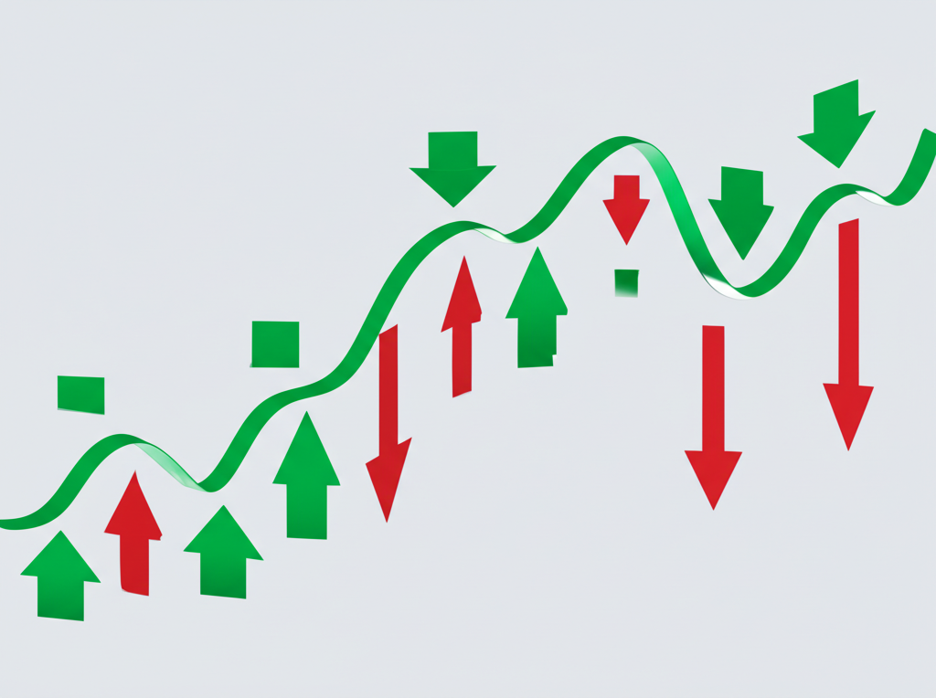 กราฟราคาผันผวนพร้อมลูกศรขึ้นลง แสดงราคาตลาดเรียลไทม์จากอุปสงค์และอุปทาน