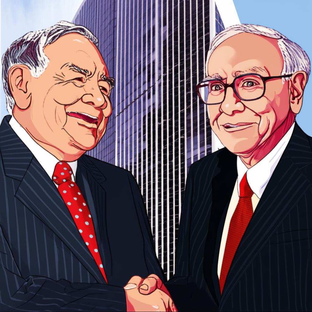 Illustration of Warren Buffett and Charlie Munger shaking hands, with Berkshire Hathaway building in the background, symbolizing their partnership