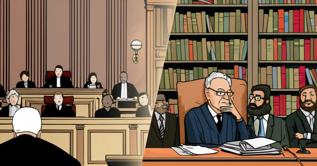 Illustration of Charlie Munger's journey from lawyer in courtroom to investor in a library, showing intellectual transformation