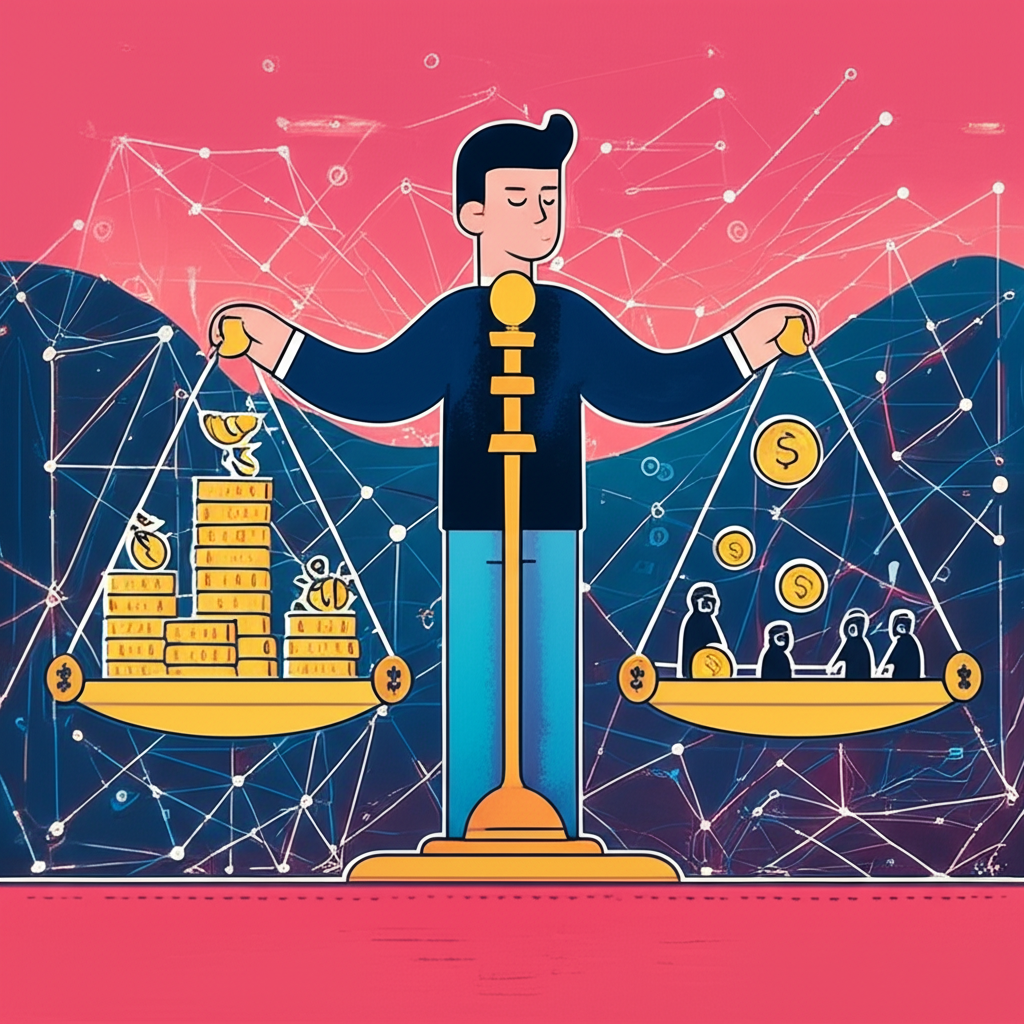 ภาพประกอบบุคคลกำลังปรับสมดุลตาชั่งเงินกับค่าธรรมเนียมซ่อนเร้นที่กัดกร่อนเงินออมในภูมิทัศน์การเงินที่ซับซ้อน