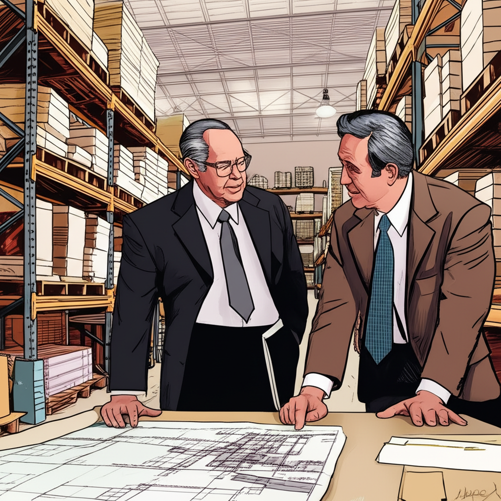 ภาพประกอบสามผู้ก่อตั้ง Arthur Blank, Bernie Marcus และ Ken Langone กำลังหารือแผนงานในคลังสินค้า