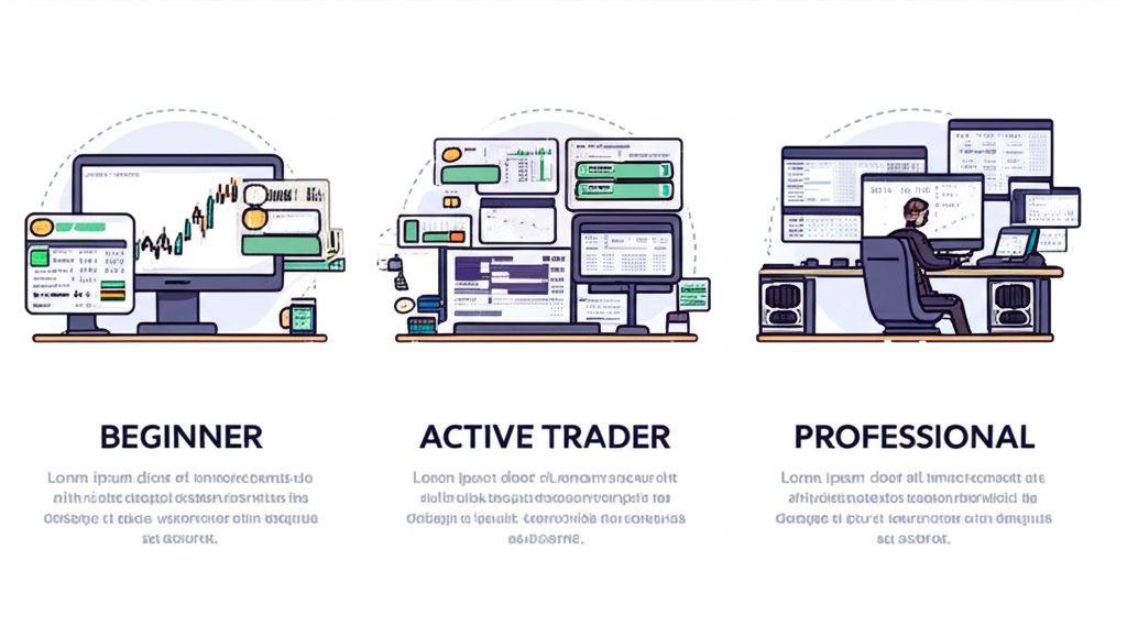 三種使用者類型插圖：新手簡單螢幕、中階交易者多圖表、專業人士多螢幕工作站，使用 TradingView