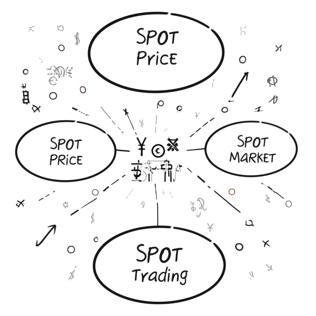 แนวคิดหลักสามประการ: ราคา Spot, ตลาด Spot, การเทรด Spot เชื่อมโยงด้วยลูกศรและสัญลักษณ์ทางการเงิน